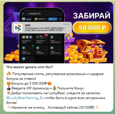 Бот Lucky Bear в Telegram — первое сообщение